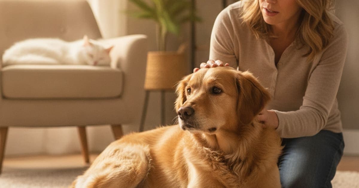A dog being cared for at home, illustrating what are the first signs of muscle tear in dogs