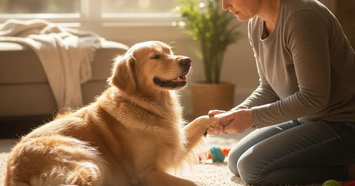 A dog being cared for at home, illustrating what are the first signs of soft tissue injury in dogs