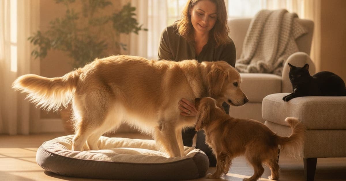 A dog being cared for at home, illustrating what are the first signs of spondylosis in dogs