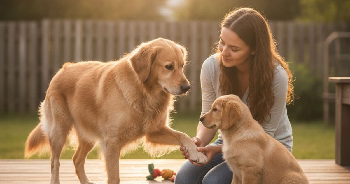 A dog being cared for at home, illustrating what are the first signs of a sprained leg in dogs