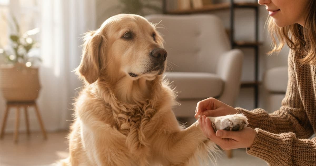 A dog being cared for at home, illustrating what are the first signs of toe injury in dogs