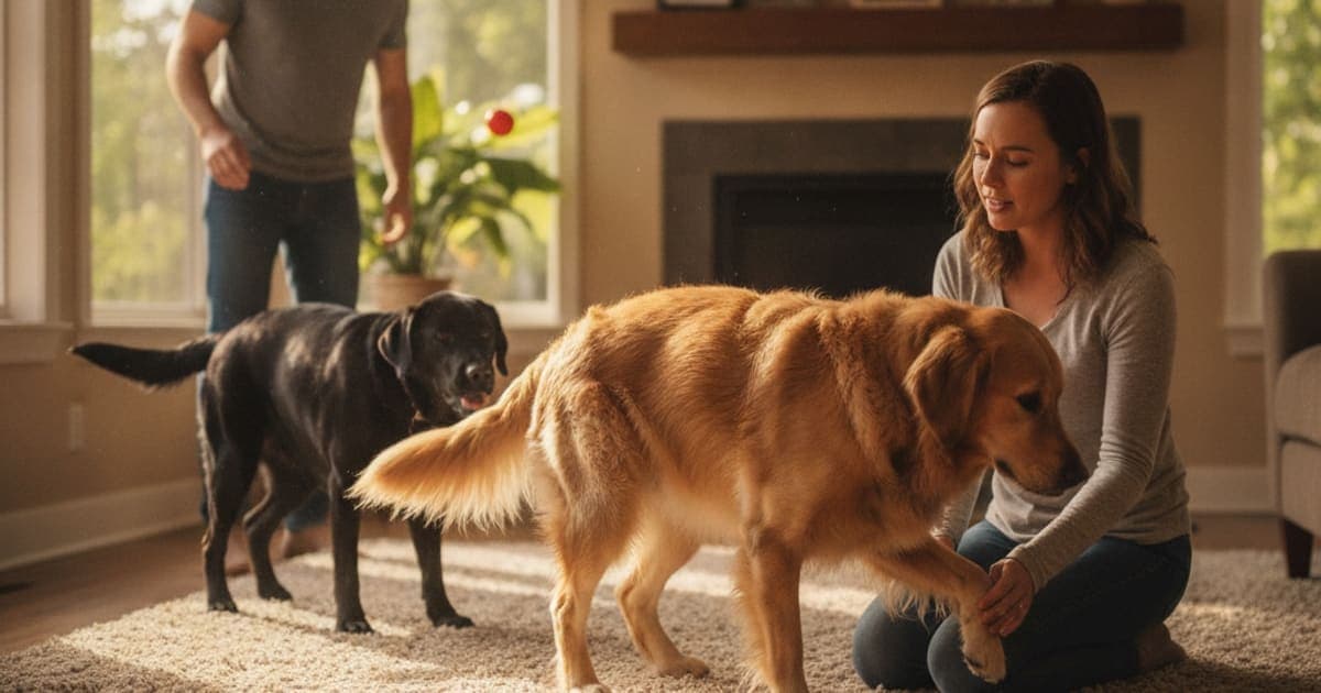 A dog being cared for at home, illustrating what are the first signs of torn acl in dogs? (ccl injury)