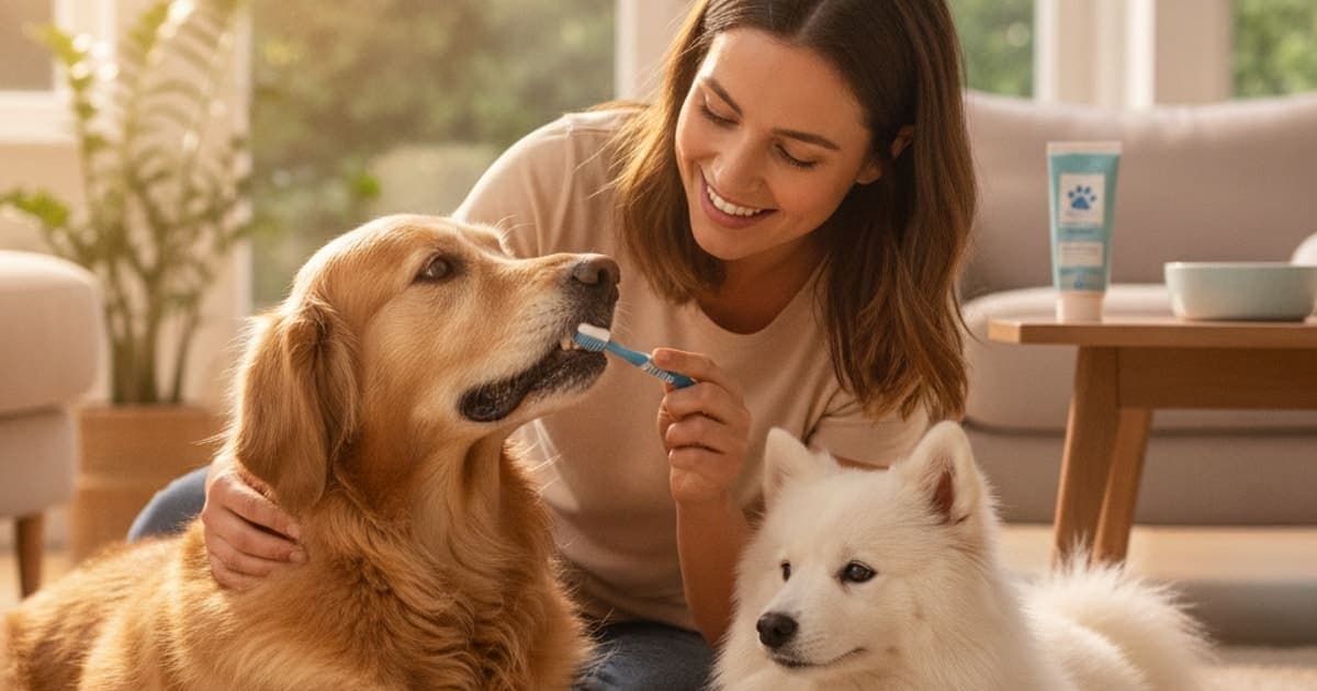 A dog being cared for at home, illustrating what can you brush dogs' teeth with? (safe options)
