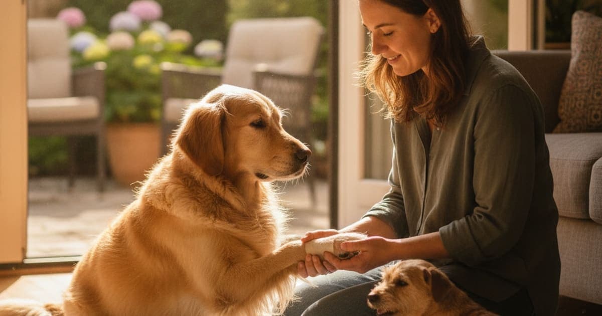 A dog being cared for at home, illustrating what can i give a dog that is limping but not in pain