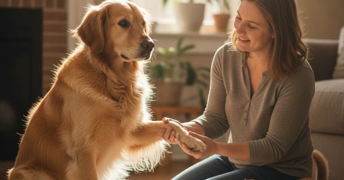 A dog being cared for at home, illustrating what can i give a dog limping on a front leg? (options)
