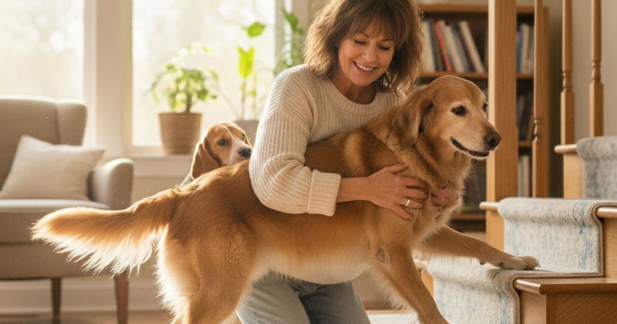 A dog being cared for at home, illustrating what can i give a dog reluctant to go up stairs