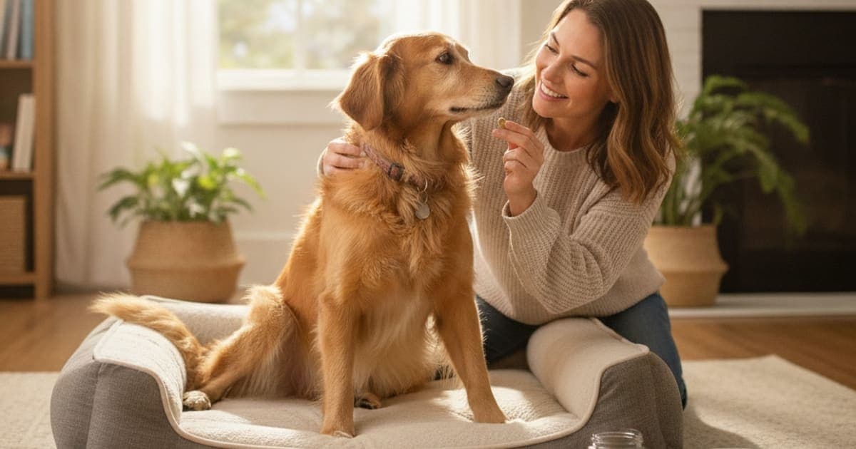 A dog being cared for at home, illustrating what can i give a dog sitting with a leg out to the side