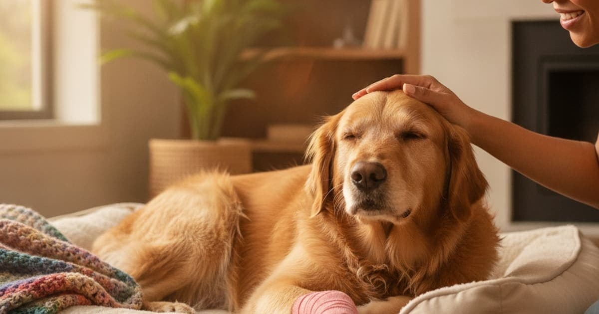A dog being cared for at home, illustrating what can i give a dog slow to recover after surgery