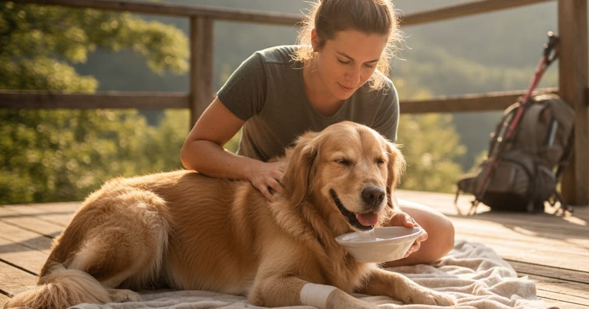 A dog being cared for at home, illustrating what can i give a dog that is sore after hiking