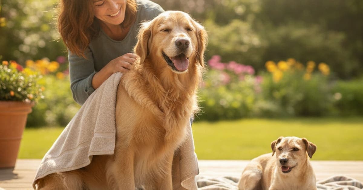 A dog being cared for at home, illustrating what can i give a dog that is stiff after swimming