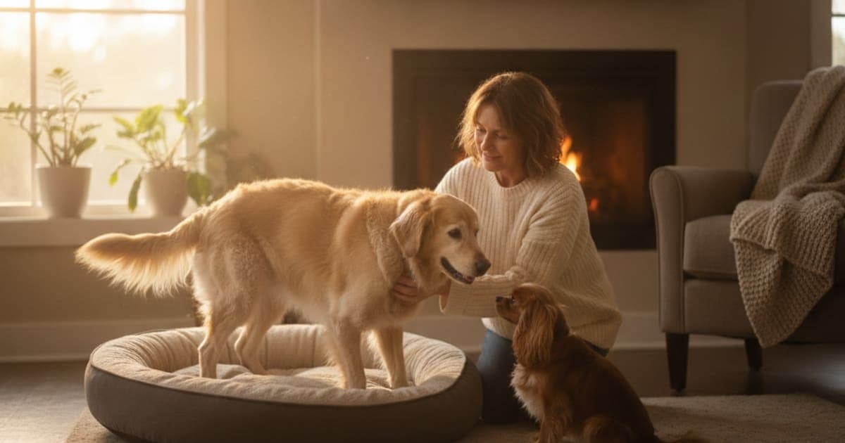 A dog being cared for at home, illustrating what can i give a dog that is stiff in the morning