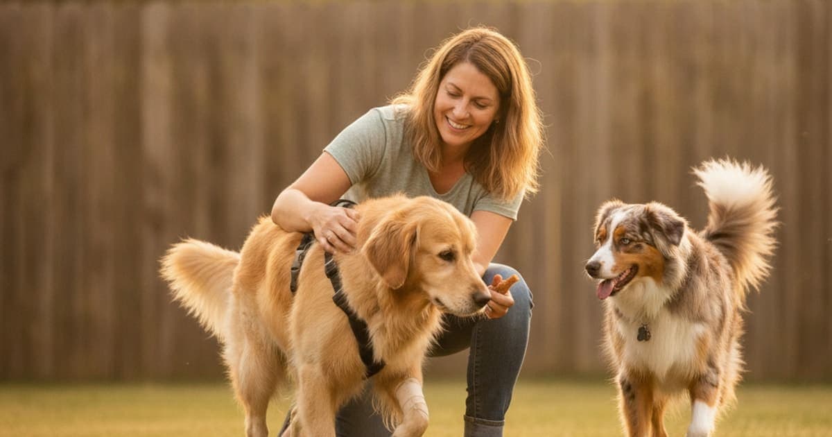 A dog being cared for at home, illustrating what can i give a dog limping after surgery? (post-op care)
