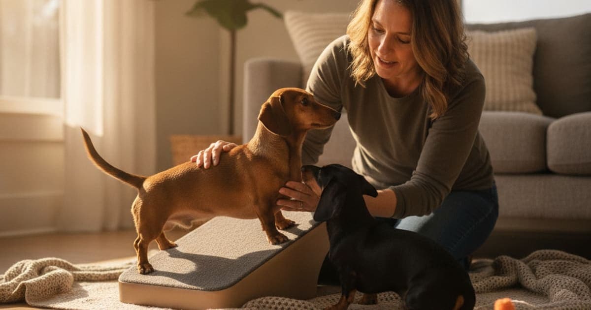 A dog being cared for at home, illustrating what causes ivdd in dachshunds? (disc degeneration)