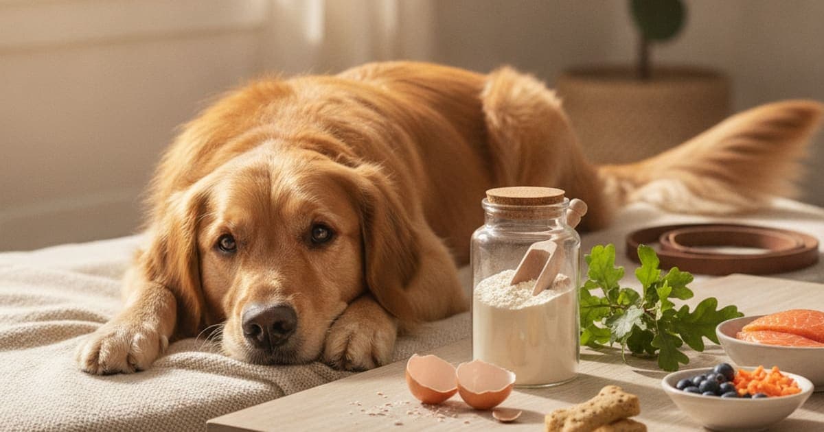 A dog being cared for at home, illustrating what does eggshell do for dogs? (membrane vs. shell)