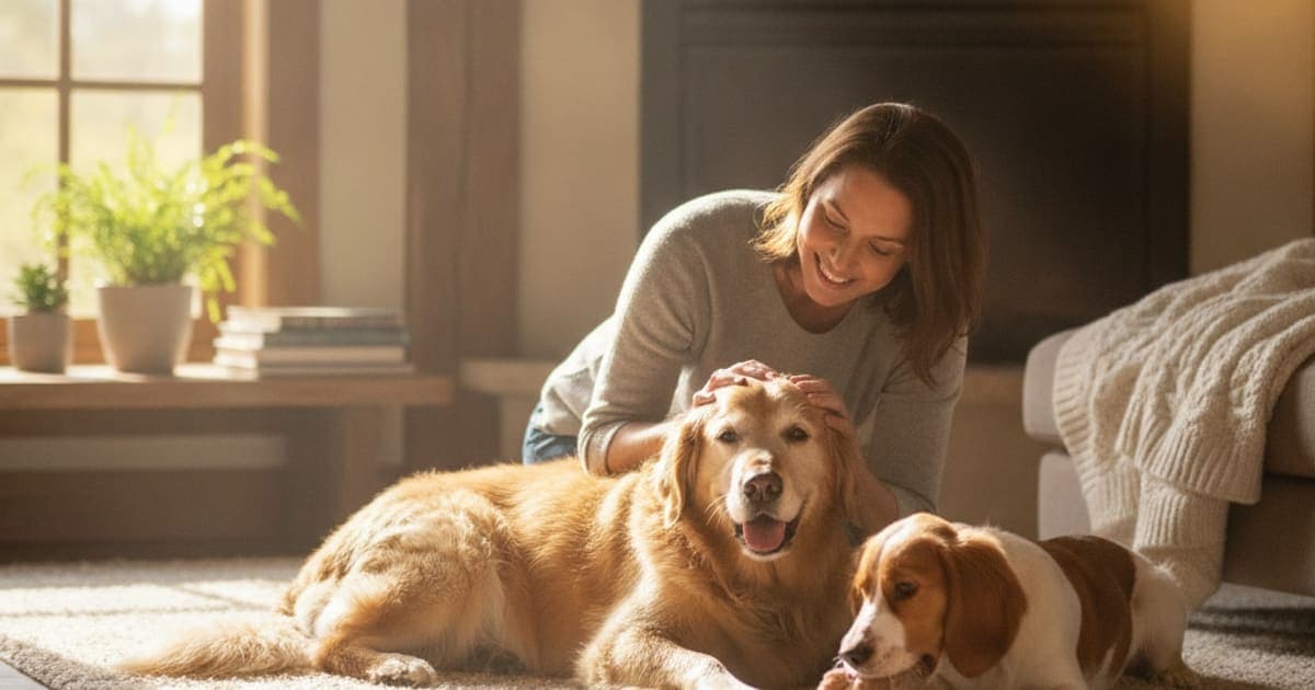 A dog being cared for at home, illustrating what helps a dog with arthritis? (daily care explained)