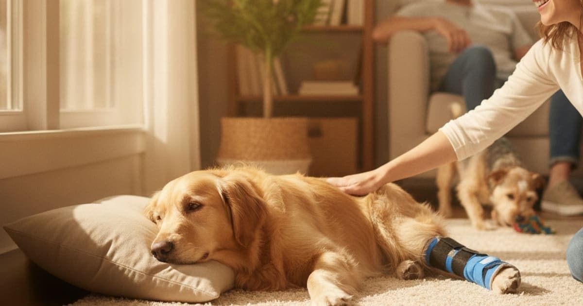 A dog being cared for at home, illustrating what helps a dog with avulsion fracture? (care steps)