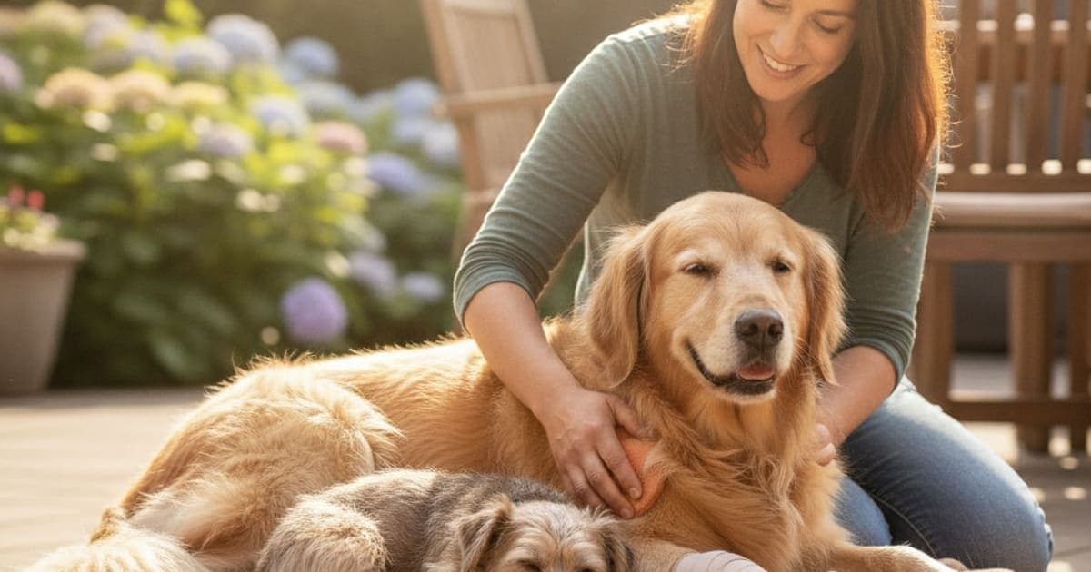 A dog being cared for at home, illustrating what helps a dog with bursitis? (elbow hygroma care)
