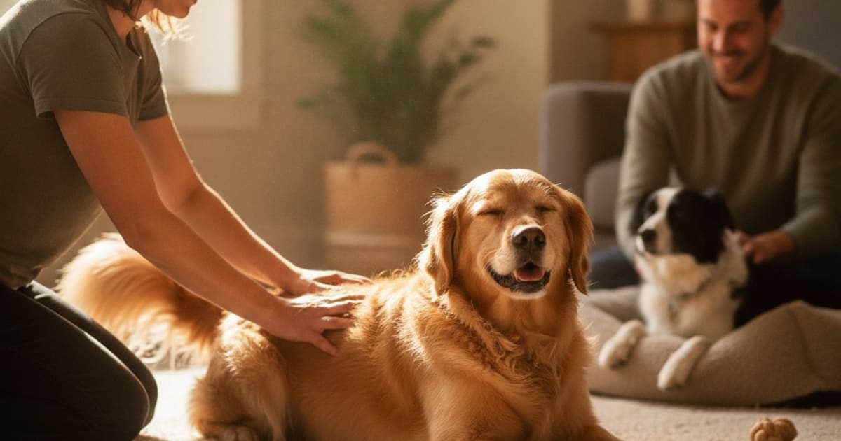 A dog being cared for at home, illustrating what helps a dog with cauda equina syndrome? (care guide)