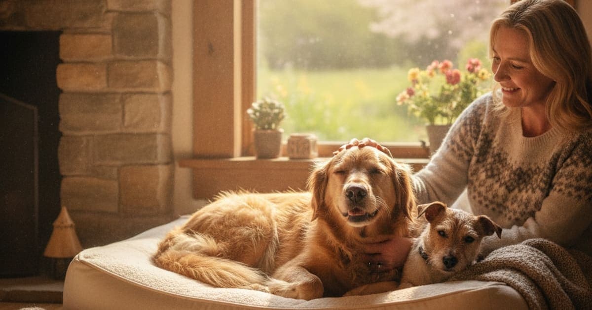 A dog being cared for at home, illustrating what helps a dog with chronic pain? (layered care plan)