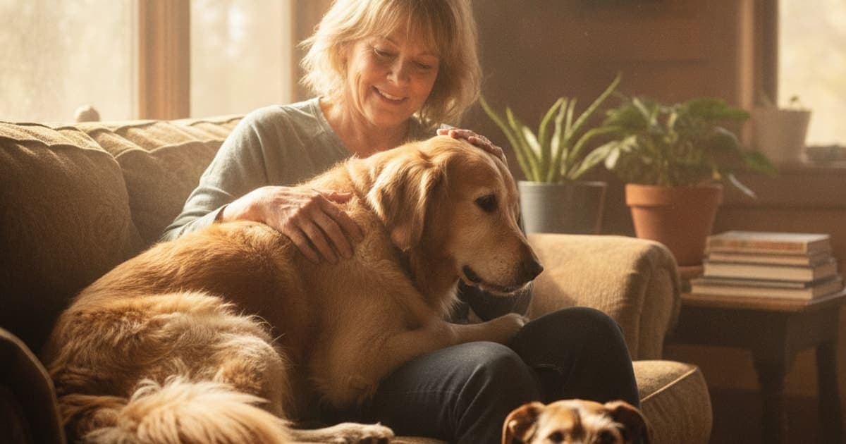 A dog being cared for at home, illustrating what helps a dog with cognitive decline? (daily care)