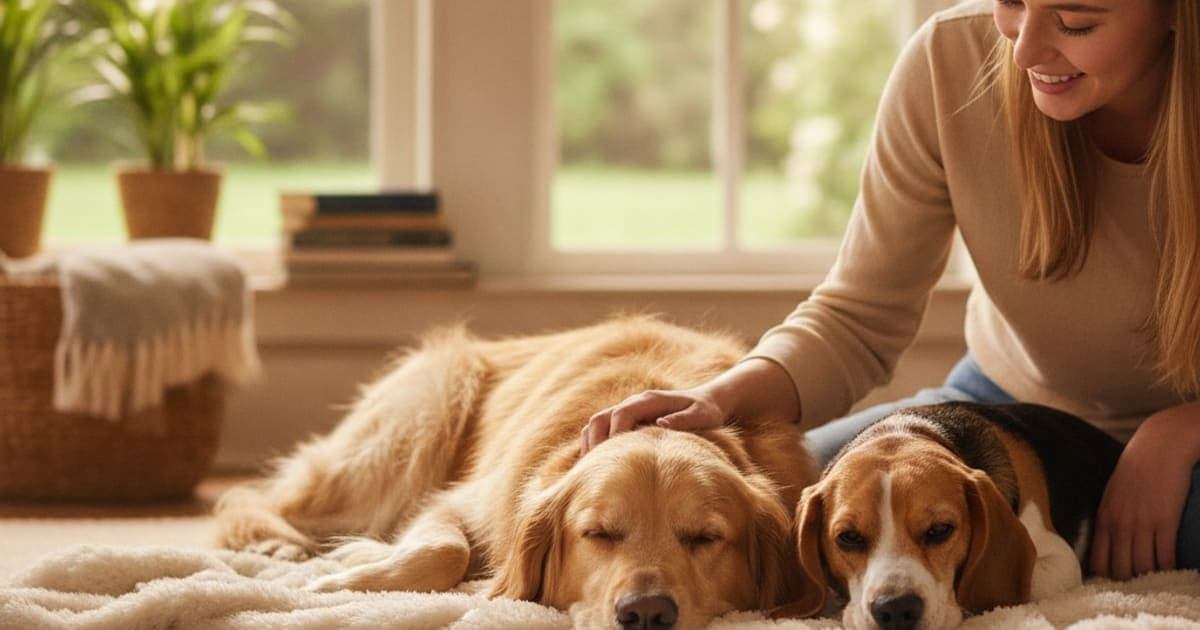 A dog being cared for at home, illustrating what helps a dog with colitis? (diet, vet care, recovery)