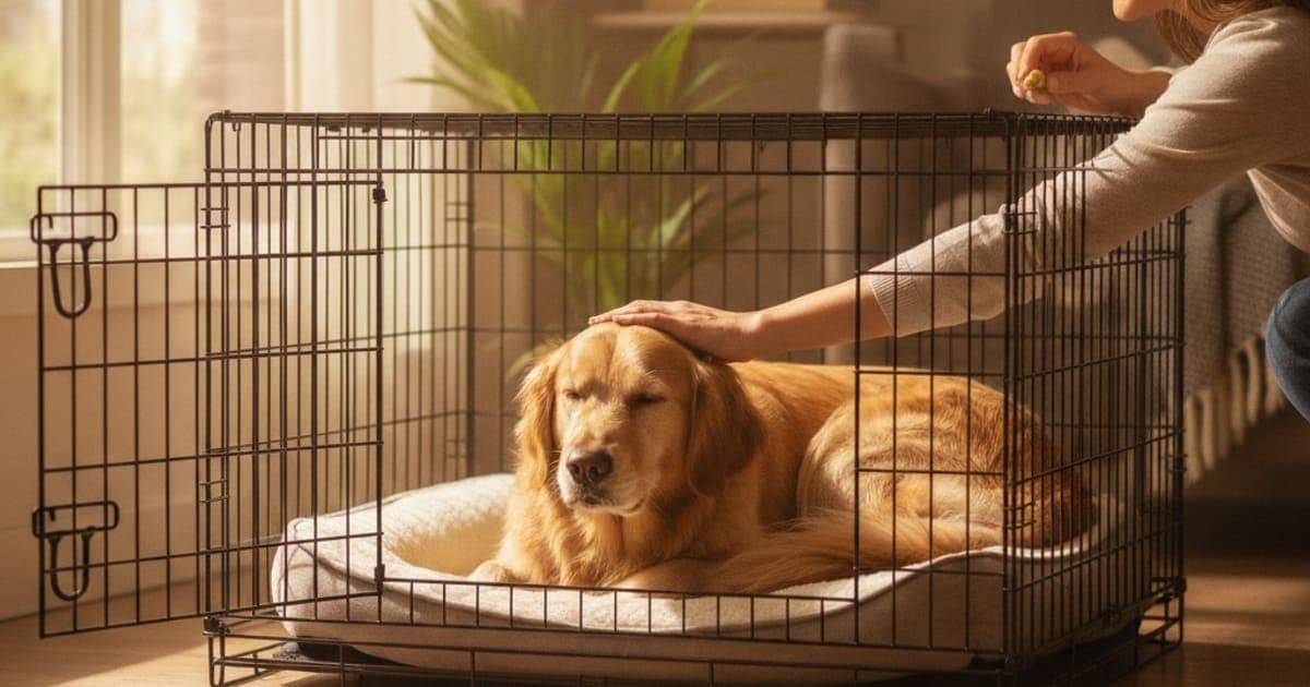 A dog being cared for at home, illustrating what helps a dog with crate rest? (confinement recovery)