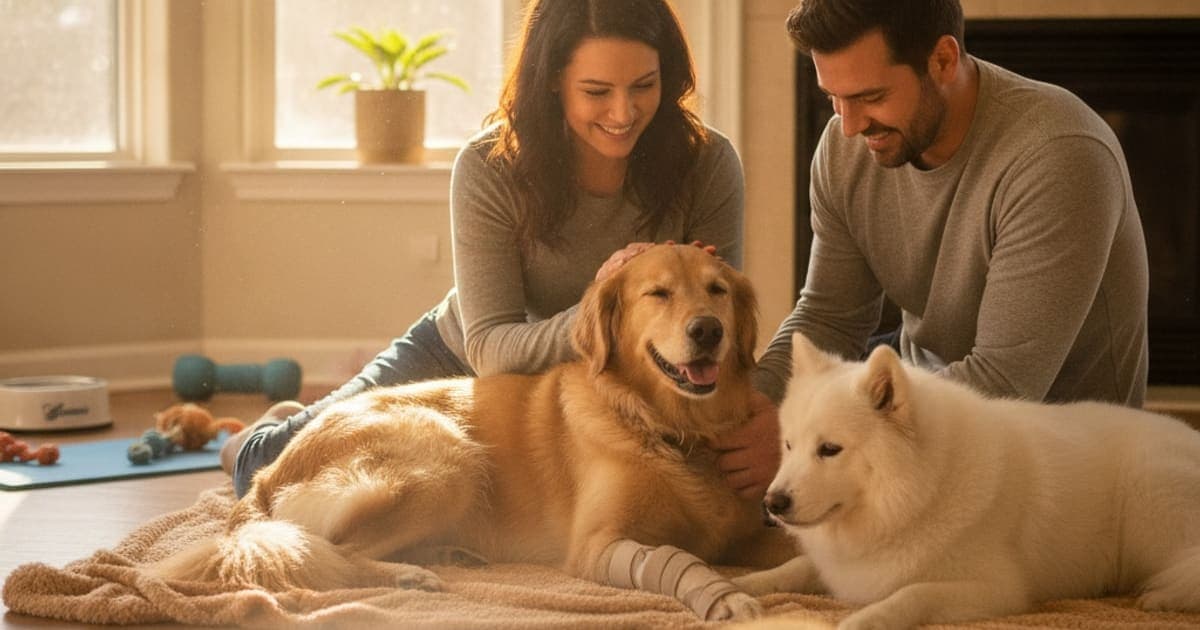 A dog being cared for at home, illustrating what helps a dog with cruciate surgery recovery