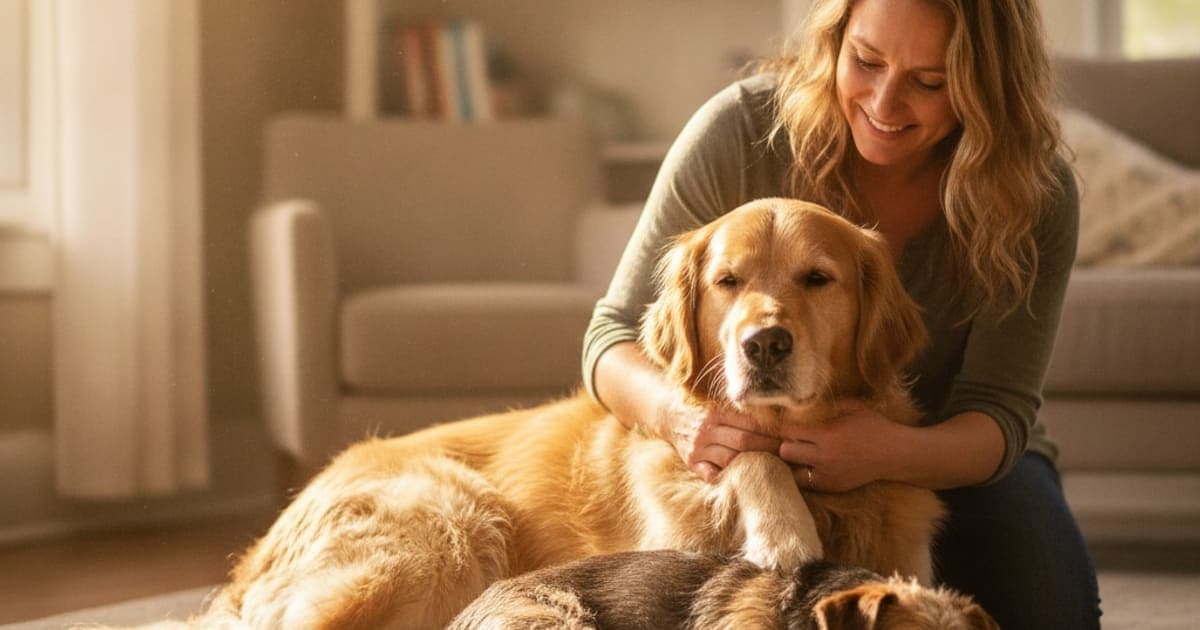 A dog being cared for at home, illustrating what helps a dog with elbow arthritis? (care options)