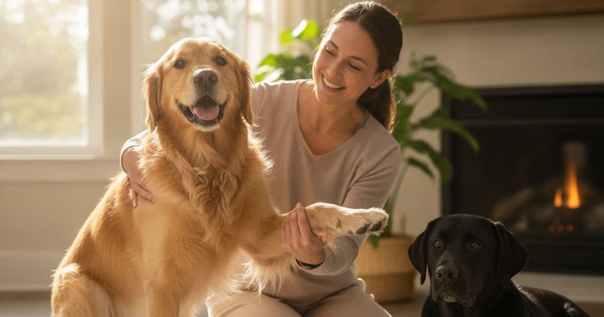 A dog being cared for at home, illustrating what helps a dog with elbow dysplasia? (care options)
