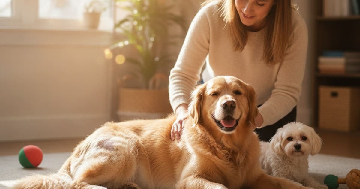 A dog being cared for at home, illustrating what helps a dog with fho surgery recovery? (explained)