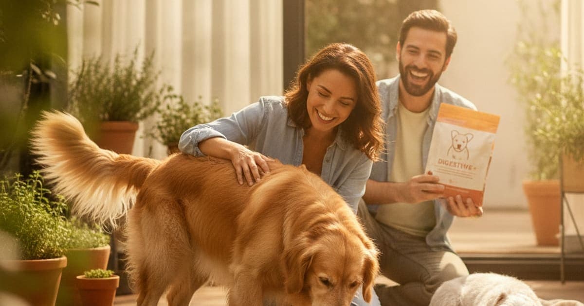 A dog being cared for at home, illustrating what helps a dog with food sensitivity? (diet & gut care)