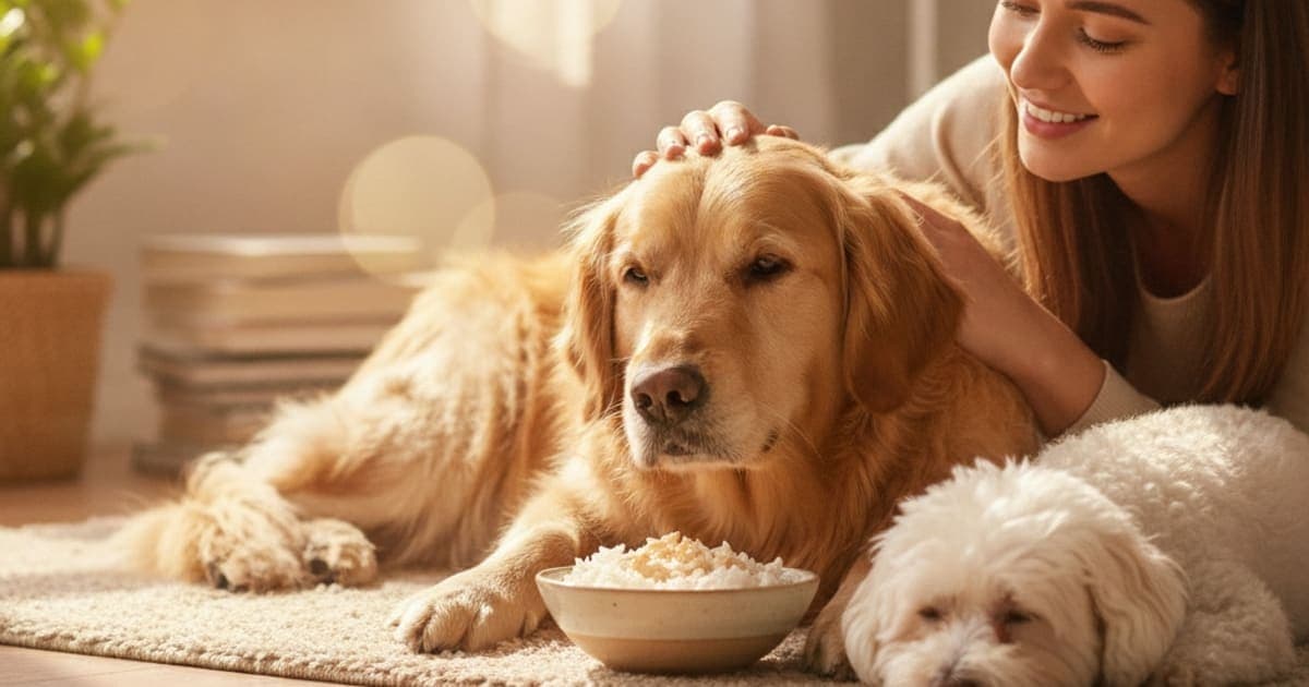 A dog being cared for at home, illustrating what helps a dog with gastritis? (recovery care steps)