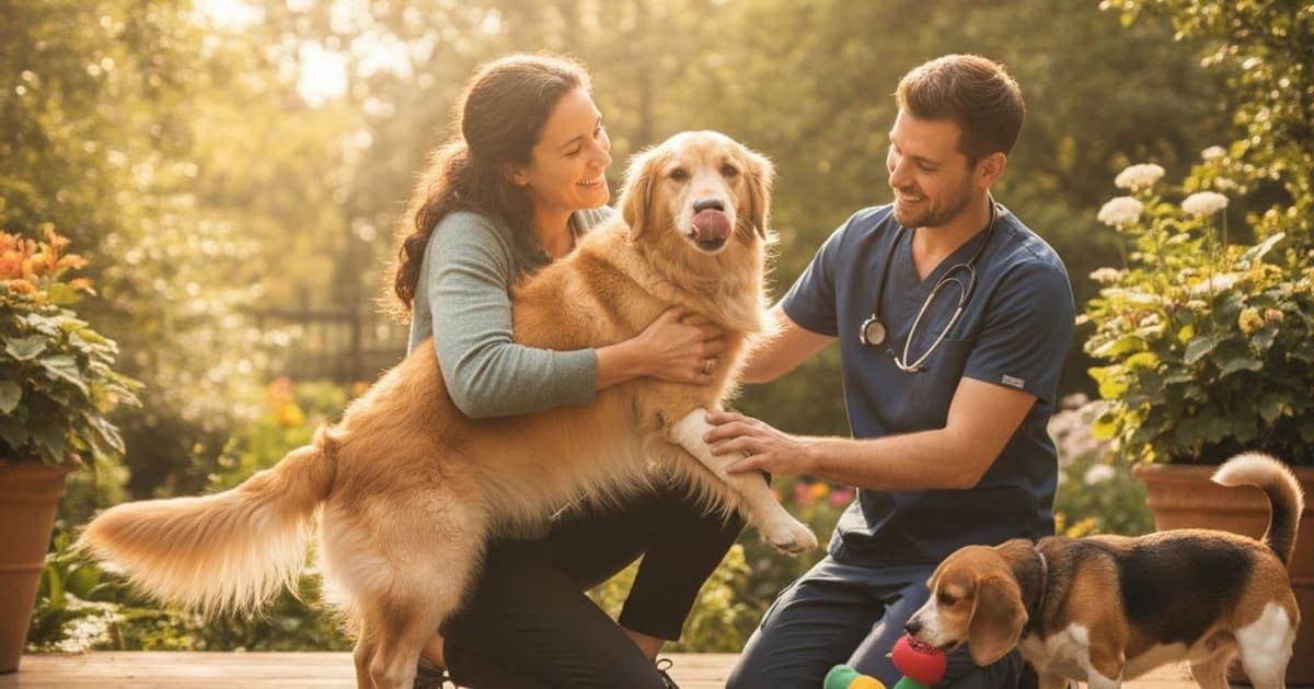 A dog being cared for at home, illustrating what helps a dog with growth plate injury? (recovery basics)