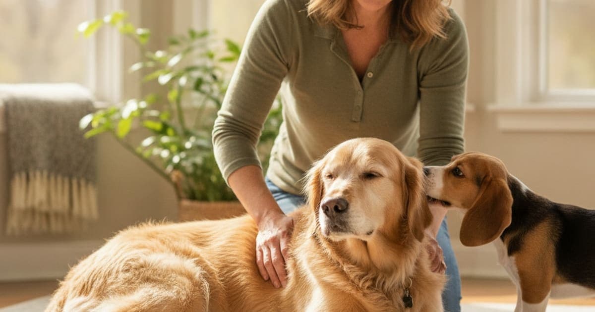 A dog being cared for at home, illustrating what helps a dog with hip arthritis? (owner's guide)