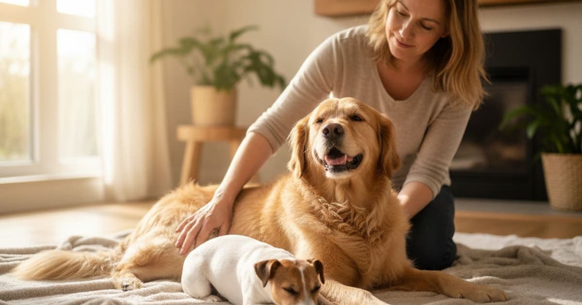 A dog being cared for at home, illustrating what helps a dog with hip dysplasia? (care options)