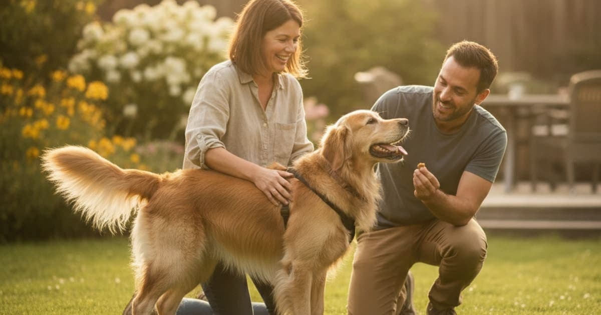 A dog being cared for at home, illustrating what helps a dog with hip weakness? (5 key levers)