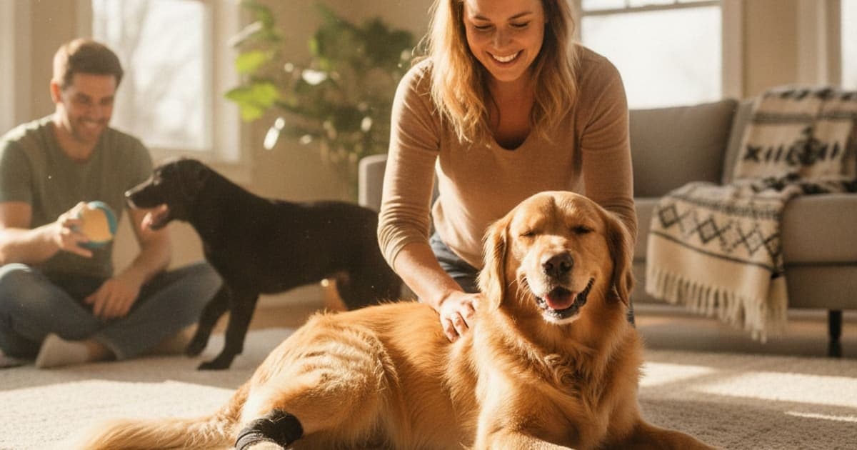 A dog being cared for at home, illustrating what helps a dog with hock injury? (recovery explained)