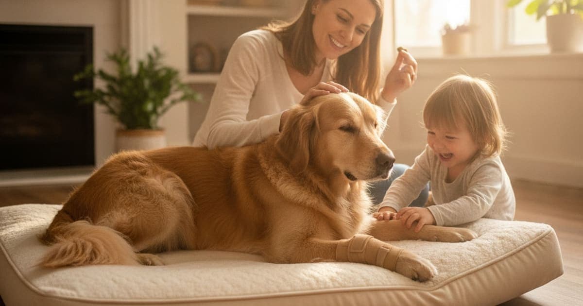 A dog being cared for at home, illustrating what helps a dog with hygroma? (pressure relief first)