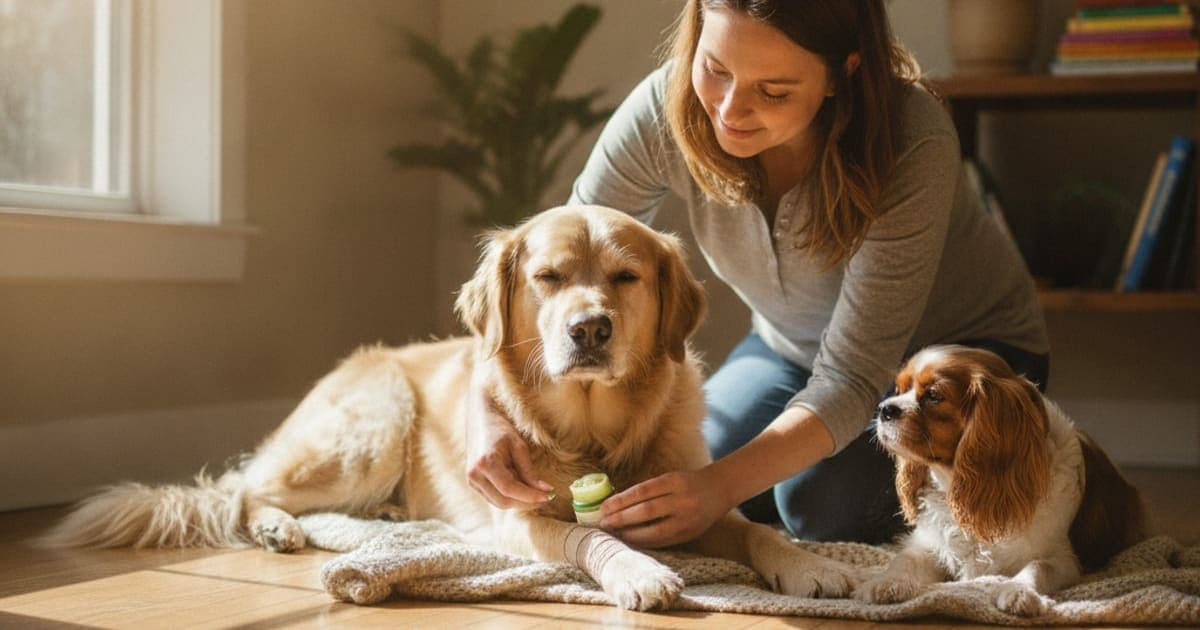 A dog being cared for at home, illustrating what helps a dog with lick granuloma? (real options)