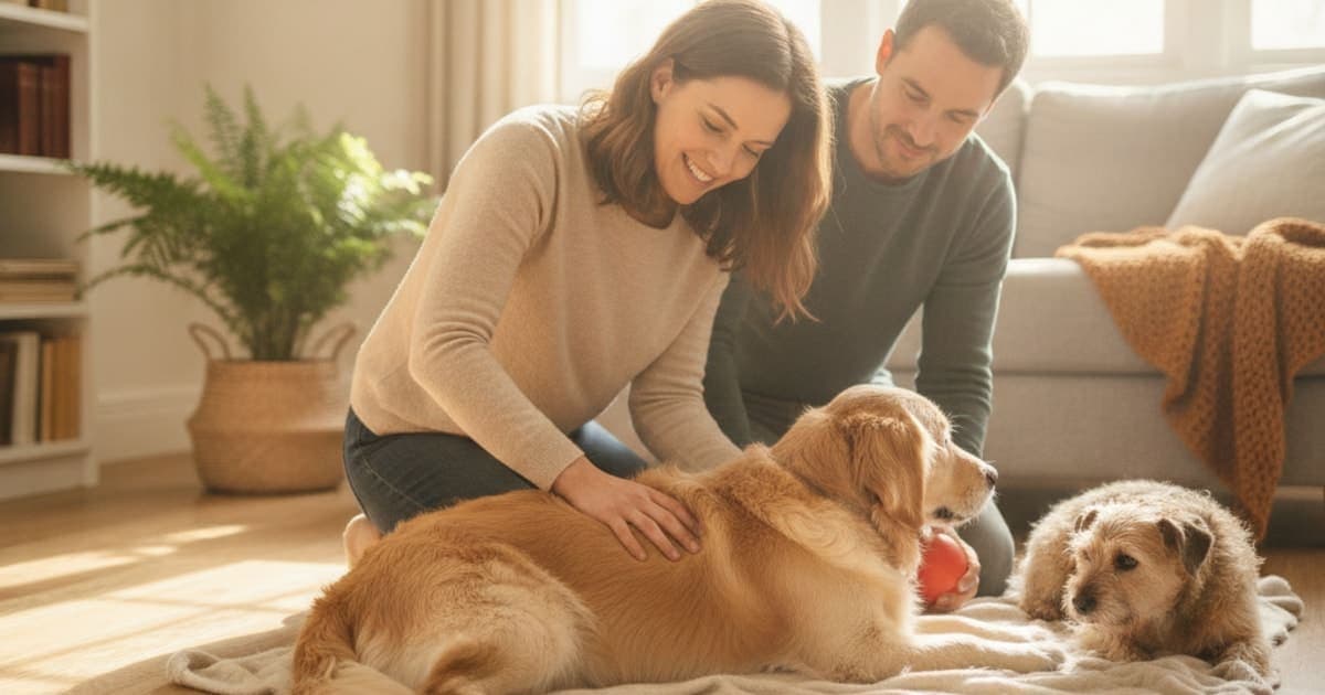 A dog being cared for at home, illustrating what helps a dog with lumbosacral stenosis? (care options)