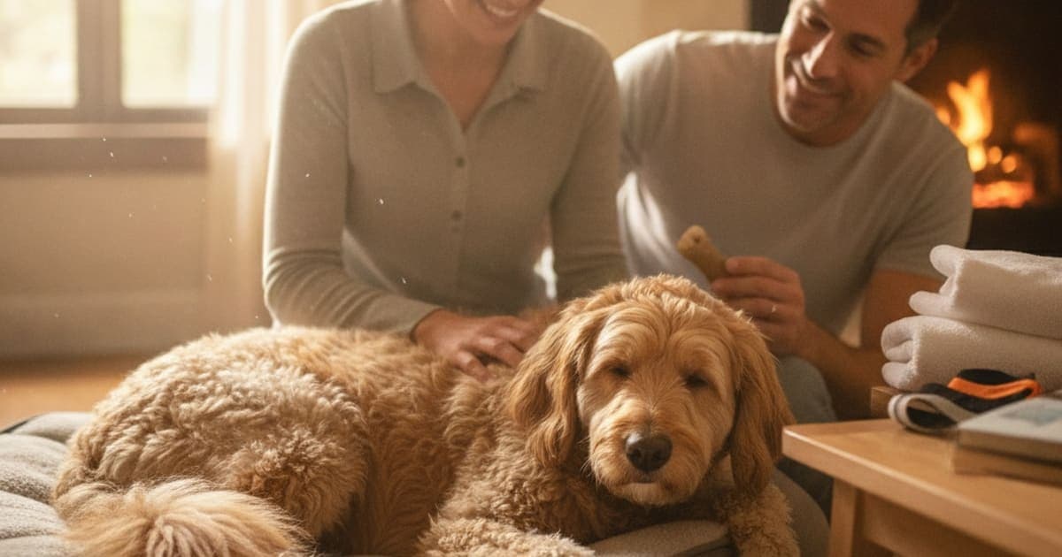 A dog being cared for at home, illustrating what helps a dog with meniscus tear? (recovery options)