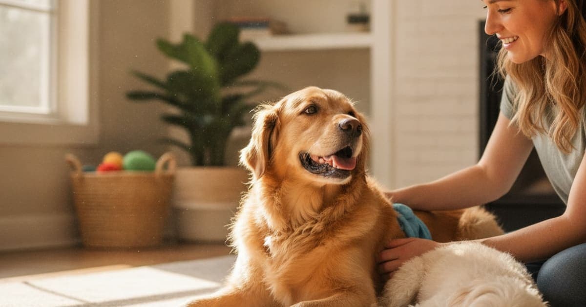 A dog being cared for at home, illustrating what helps a dog with muscle tear? (recovery explained)