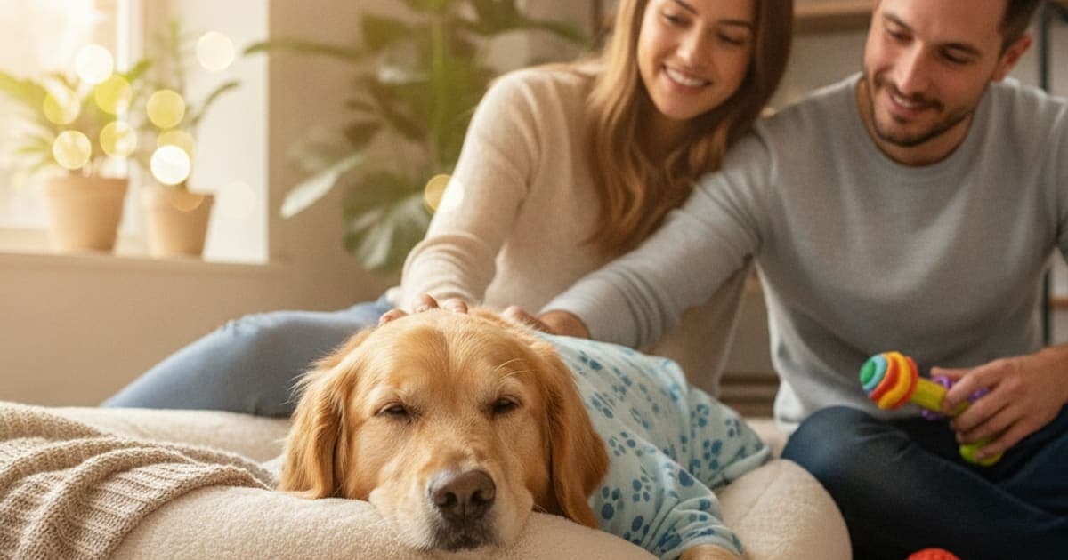 A dog being cared for at home, illustrating what helps a dog with neuter recovery? (aftercare)