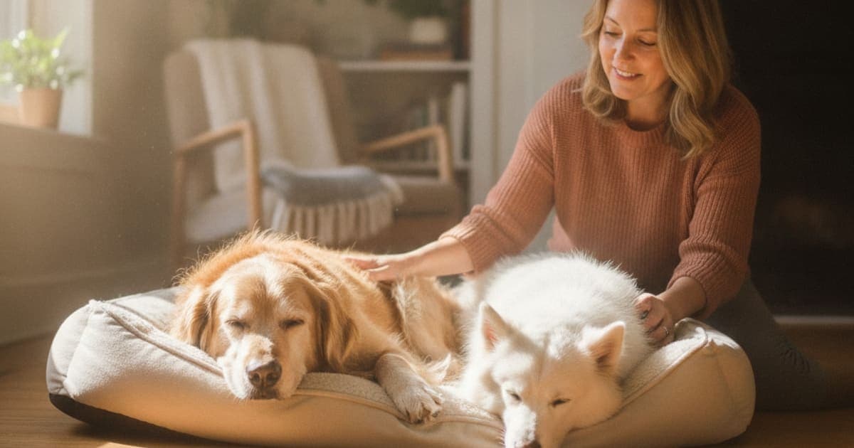 A dog being cared for at home, illustrating what helps a dog with osteoarthritis? (daily care)