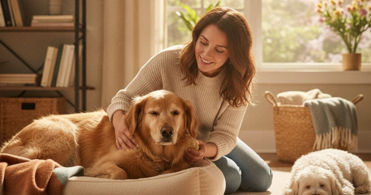 A dog being cared for at home, illustrating what helps a dog with panosteitis? (pain, rest, support)