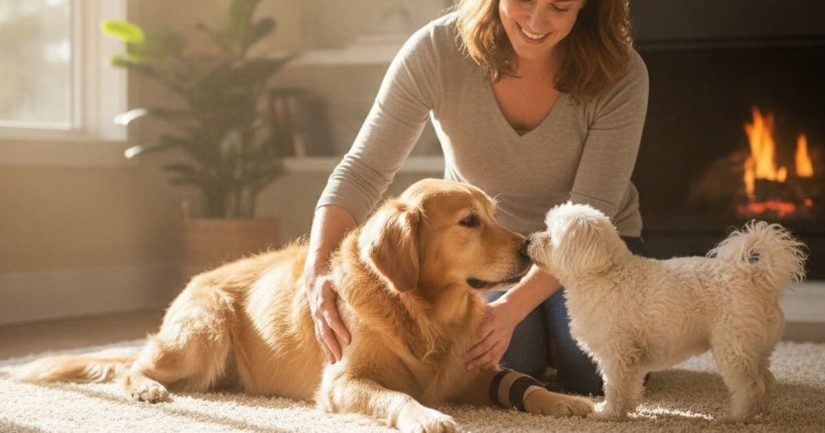 A dog being cared for at home, illustrating what helps a dog with partial ccl tear? (recovery options)