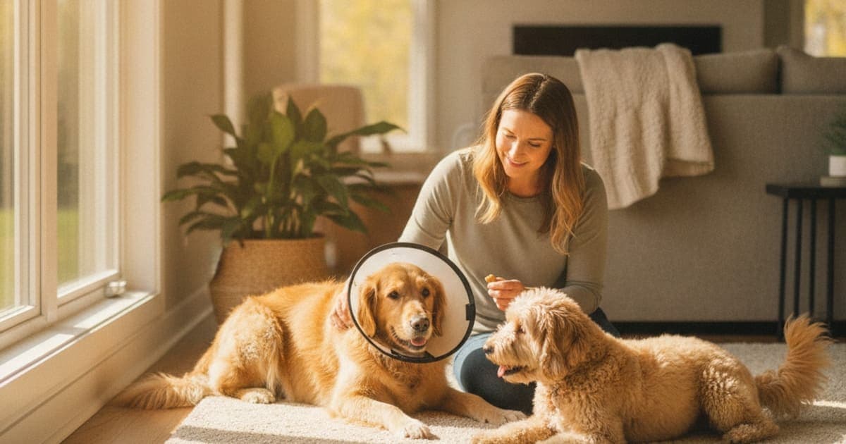 A dog being cared for at home, illustrating what helps a dog with post-surgical recovery? (owner guide)