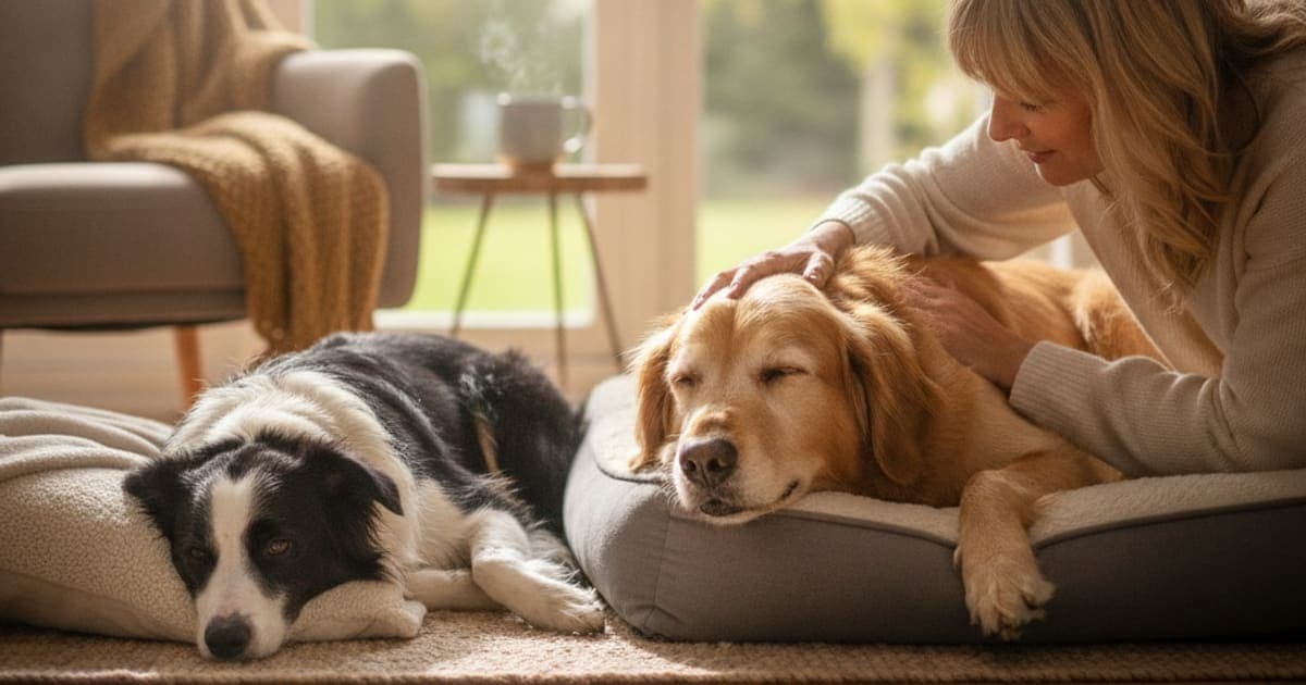 A dog being cared for at home, illustrating what helps a dog with senior dog stiffness? (daily plan)