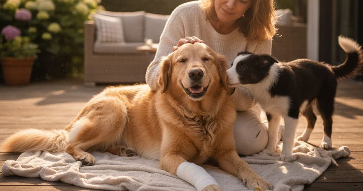 A dog being cared for at home, illustrating what helps a dog with sesamoid fracture? (recovery care)