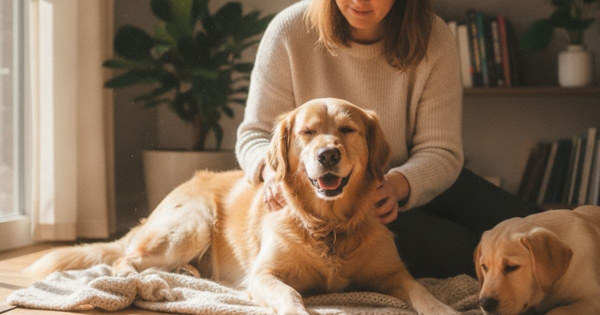 A dog being cared for at home, illustrating what helps a dog with shoulder instability? (explained)